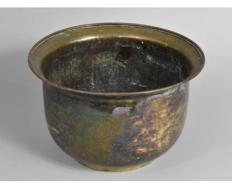 A Chinese Brass Bowl with Intricate Engraved Decoration Incorporating Dragons Chasing Flaming Pearl, 29.5cms Diameter
