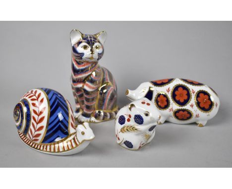 Four Royal Crown Derby Paperweights, Snail (Ceramic Button), Mouse, Pig (Ceramic Button) and Kitten (Ceramic Button) 