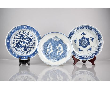 Two Chinese Porcelain Blue and White Plates, One Decorated with Double Happiness and Bats with Zoomorphic Scrolled Border and