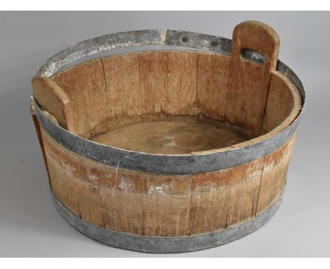 A Large Vintage Wooden and Coopered Twin Handled Bowl, 45cm Diameter (In Need of Re Banding) 
