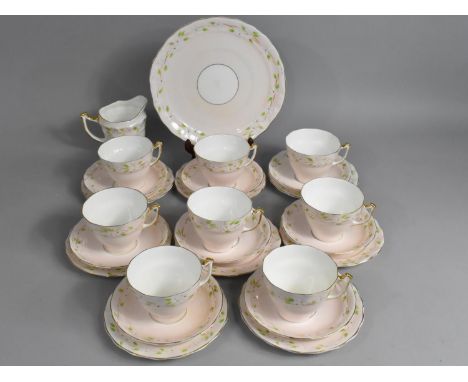 A Old Royal China Pink Glazed Tea Set Decorated with Floral Enamel Trim and Gilt Highlights to Comprise Eight Cups, Eight Sau