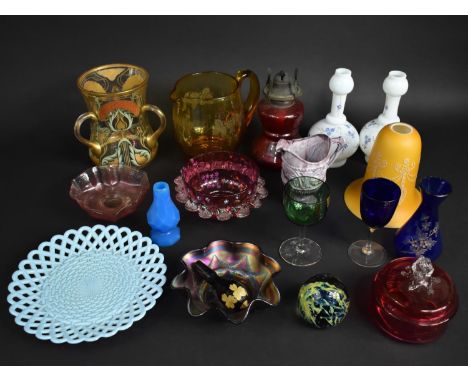 A Collection of Various 19th and 20th Century Coloured Glass to Comprise Slag Glass Jug, Opaque Glass Plate, Pair of Opaque V