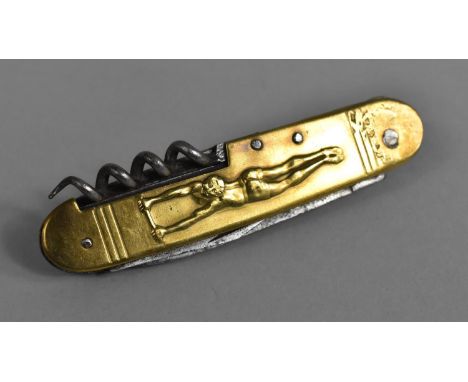 A Novelty Multi Tool Penknife with Brass Scale Decorated in Relief with Gymnasts, 9.5cms Long