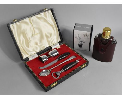 A Modern Cased Simpson Bar Set together with a Modern Leather Covered Glass Hip Flask and a Reindeer Bottle Stopper 