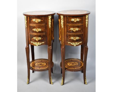 A Pair of Reproduction Inlaid Italian Style Circular Three Drawer Bedside Chests with Ormolu Mounts and Inlaid Circular Stret