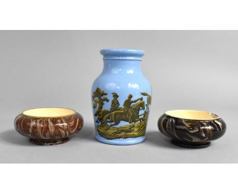 Two Agate Ware Ceramic Pots Together with a Blue Prattware Meat Paste Pot, all with Lozenge Marks to Base 