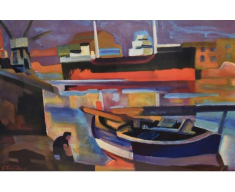 After Gabriel Couderc (1905-1995, French), coloured print, 'Cargo Ship', of Fauvist style, framed, mounted, and under glass, 