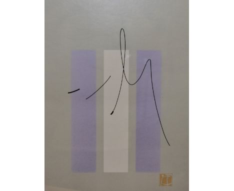 After Takashi Sakai (Contemporary, Japanese), coloured print, An abstract design with blocks of lilac and cream against a gre