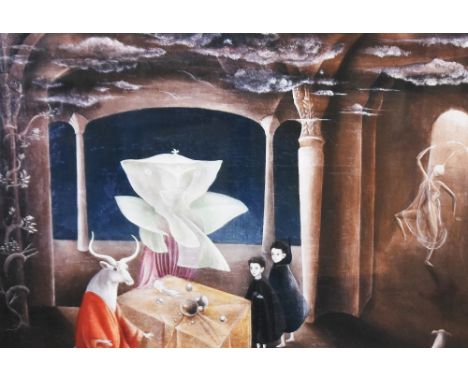After Leonora Carrington (1917-2011, British-Mexican), coloured print, 'And Then We Saw the Daughter of the Minotaur', a surr