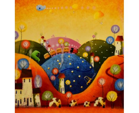 After AJ Callan (b.1958, British), coloured print, 'The Hills Are Alive', framed, measuring 60cm x 60cm, &amp; 88cm x 88cm ov