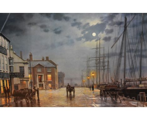 After Rodney Charman (b.1944, British), coloured print, 'Poole Quay by Gaslight', framed and under glass, measuring 49cm x 73