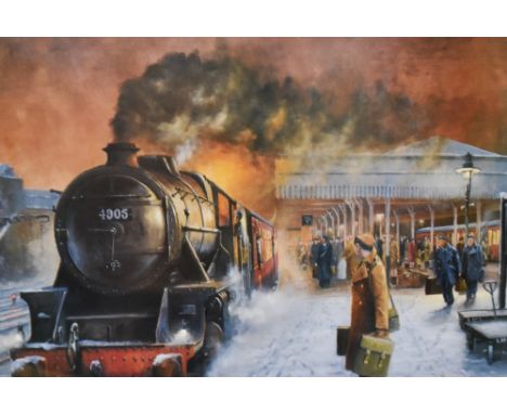 *Local Interest - After Trevor R. Owens (20th Century, British), coloured print, 'Christmas Leave', Lancaster station, signed