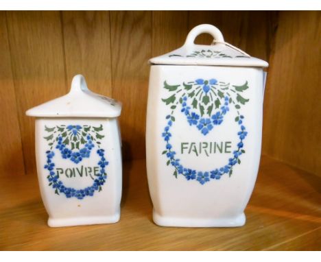 Vintage French ceramic lidded storage jars, Farine and Poivre with floral decoration (2).  