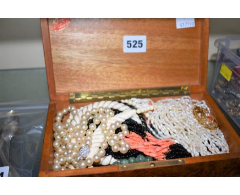 A collection of necklaces inc. freshwater pearl, coral, hardstone etc. in an Italian burr wood jewellery box,  