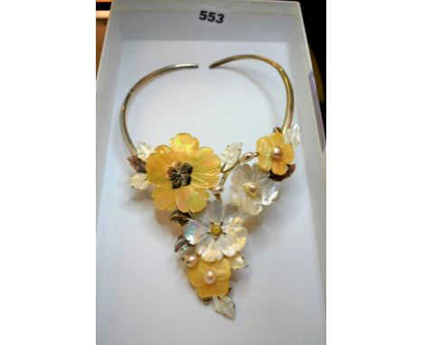 A silver, freshwater pearl and mother-of-pearl floral design neck torque,  