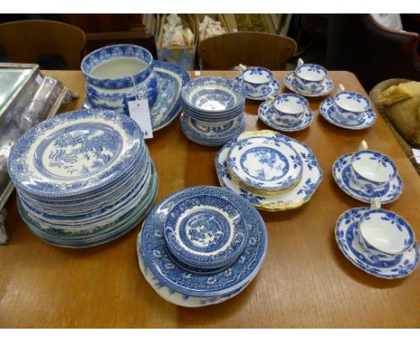 Two boxes of various blue and white ceramics of varying dates & patterns to include 'Spode landscape pattern' & 'Thames'patte