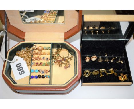 A collection of 9ct gold and other earrings, including opal & diamond, sapphire & diamond, emerald & diamond etc. (qty.). 