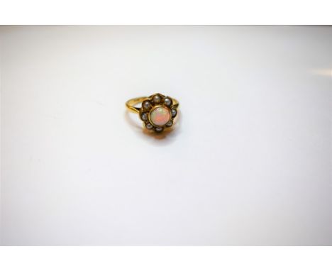 An 18ct gold, opal and seed pearl cluster ring, 