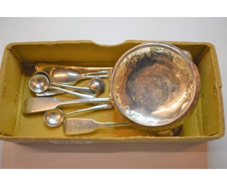 A George II silver cauldron salt,  David Hennell I, London 1750, later repoussé decorated, on three stepped hoof feet; togeth