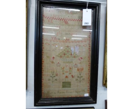 A sampler from the first half of the 19th century by Martha Robert aged 8 depicting flowers, bows and a building with birds. 