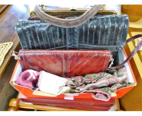 One vintage alligator skin bag, two vintage eel skin bags and two vintage Richard Allen scarves. 