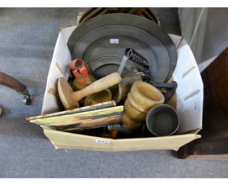 A quantity of pewter, irons, weights, oil burners, coffee grinder etc. 