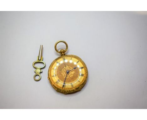 An Edwardian 18ct gold key wind open face fob watch by Mottu of Geneva,  with signed gilt lever movement, signed 30mm. gilt d
