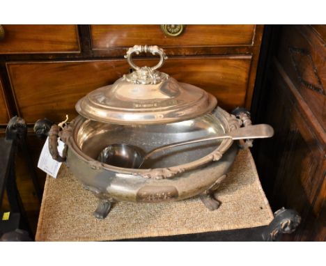 An oval silver plate on copper tureen and cover, plus a soup ladle,  