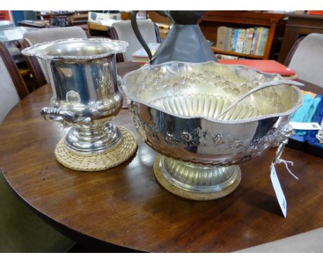 A 20th century silver plate on copper punch bowl and ladle,  lion mask handles, together with a silver plate trophy form ice 