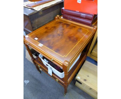 Two bedside tables with pull out shelf and small drawer with brass handles (2). 