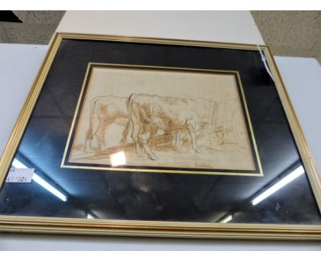 A sketch by Edmund Blampied (Jersey 1886 - 1966).  Jersey cows at a haycart. Signed lower right, 6in x 8.25in (15cm x 21cm)