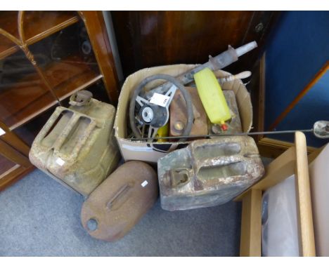 A collection of vintage car accessories to include a Shell water bottle and various oil cans (qty). 