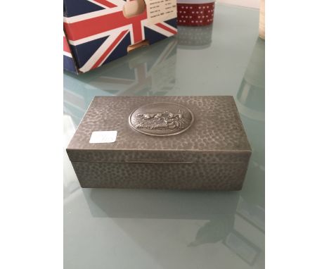 Hammered pewter  two compartment cigarette case by James Dixon with roundel to lid of pointers hunting