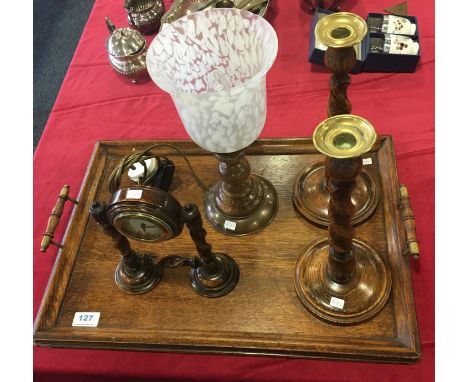 Oak tray, two candlesticks ,lamp and a clock.