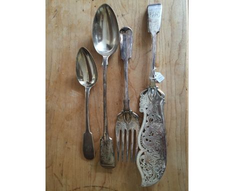 Newcastle silver tablespoon by T. Watson, good quality fish knife and fork serving set with good engraving of Dolphin and pla