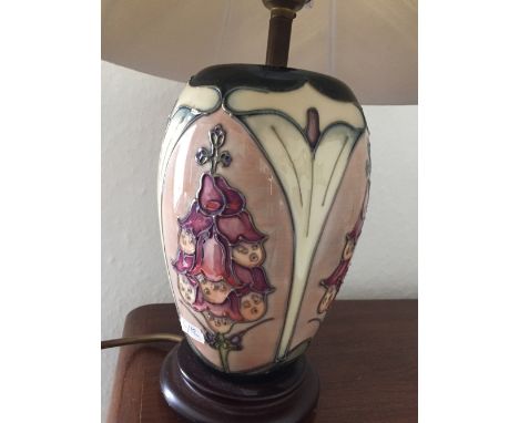 Moorcroft pottery lamp base, foxglove pattern, pot height 19cms.