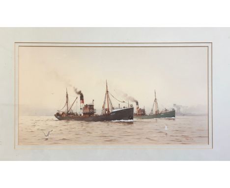 ROGER DAVIES watercolour of the De La Pole and T R Ferens passing Earles shipyard Hull 27 x 52