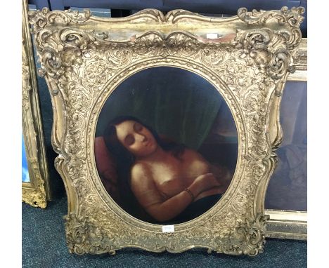 Oil on metal oval portrait of a lady "deshabille" in ornately decorated gilt frame with lable on the back for W.F. Ahrt Hambu