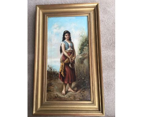 Oil on canvas portrait of a musician exhibited at the British and Colonial Gallery London signed lower left E. Jolli. 51.5x25