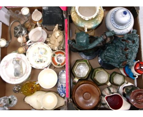 A quantity of ceramics and decorative ornaments to include Hummel, a silver plated candlestick, biscuit barrel etc.