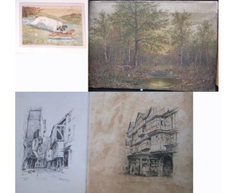 Two small watercolours, one depicting Windsor Castle with boats in the foreground and one a hunting dog catching a hare, both