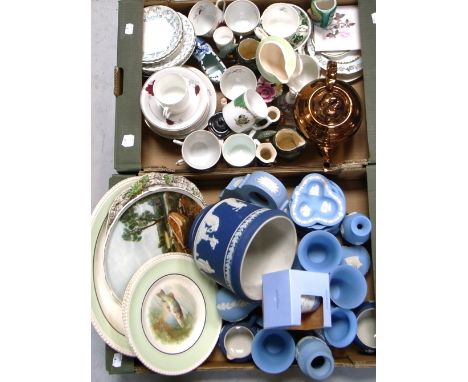 A quantity of ceramics to include Wedgwood Jasperware, a Victorian copper lustre teapot, character jugs, various teaware etc.