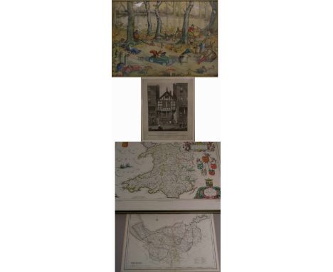 Two framed and glazed maps, one of Wales and one of Cheshire, a 19th century framed and glazed engraving entitled "House in W