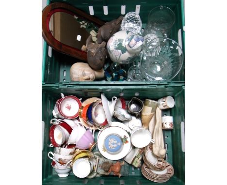 Two boxes of collectibles to include glassware, Queens China teaware, jugs and a large Mdina glass ornament.