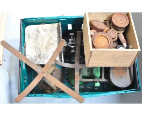 Three sets of vintage balance scales to include examples by Salter, also a large quantity of various weights. 