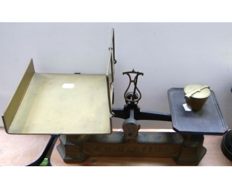 A late 19th early 20th century set of brass Frankfurtam scales complete with weights, width 42cm. 
