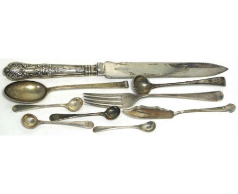 A hallmarked silver fork, a small silver spoon, a silver mustard spoon, a silver salt spoon, a silver sheath handle knife and