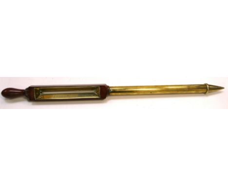 A Georgian mahogany and brass stick thermometer with turned handle and hook for wall mounting, makers name rubbed, Liverpool,