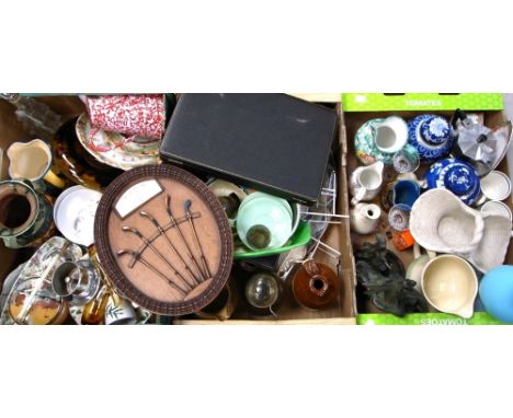 A quantity of vintage collectibles to include a 20th century smoke glass French decanter, two blue and white Oriental jars an