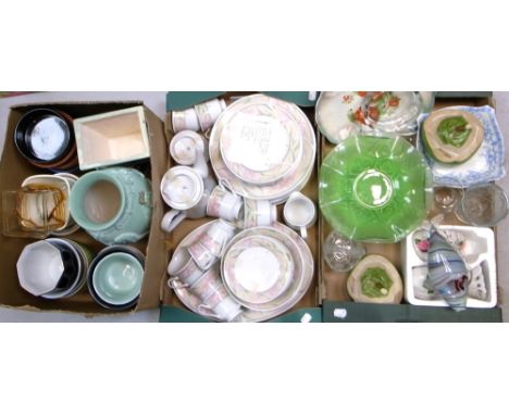 A quantity of ceramics and glassware to include a Lynns white ground floral pattern tea service, a coloured glass fish, decor
